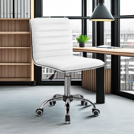 Retro White PU Leather Mid Back Vanity Chair with Swivel Design5