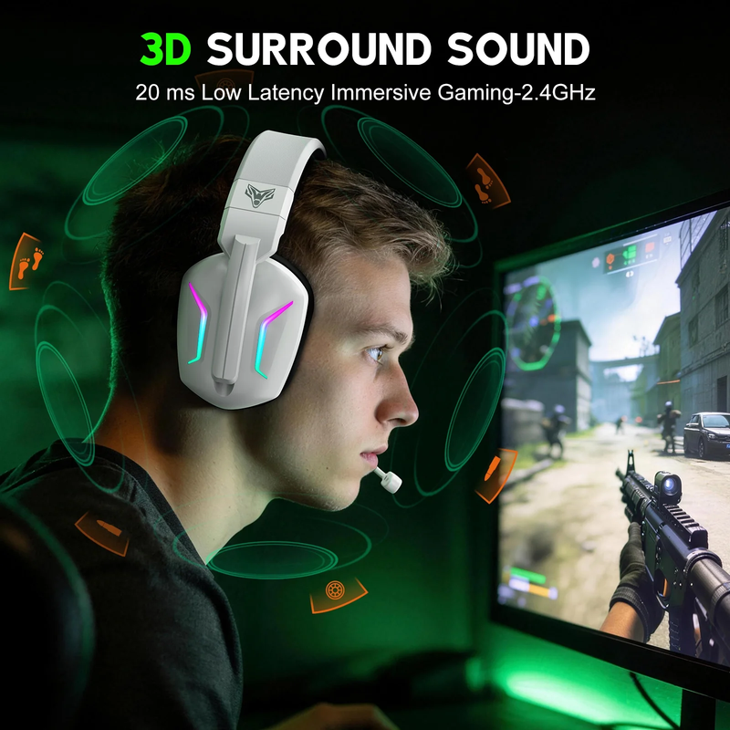 Wireless Gaming Headset 2.4GHz Bluetooth PS5 PS4 PC Switch Noise Mic White7