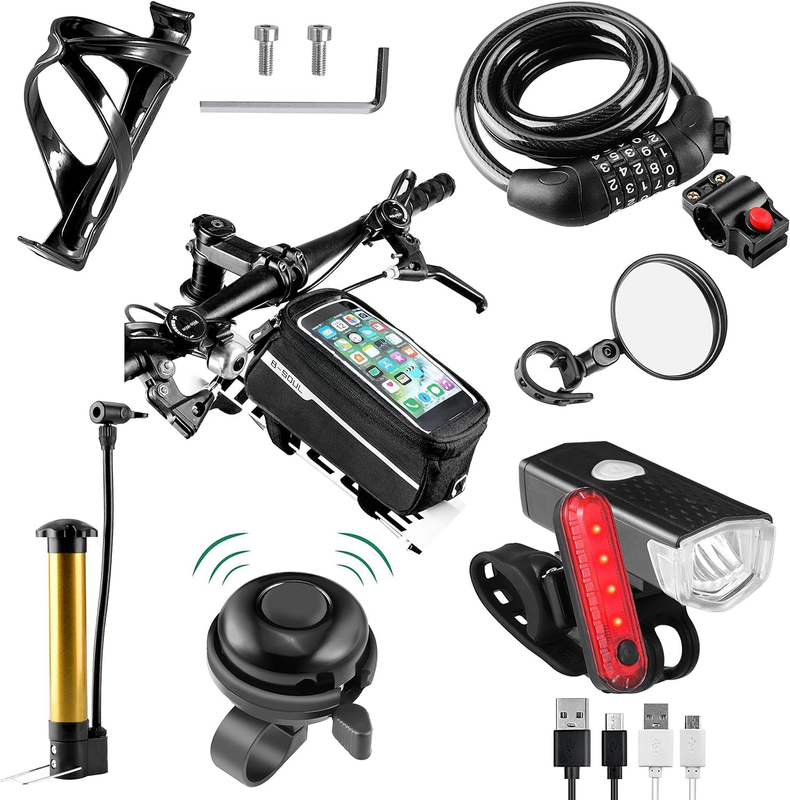 8-Pack Bicycle Accessories Set USB Rechargeable Lights, Bell, Pump Bottle Holder8
