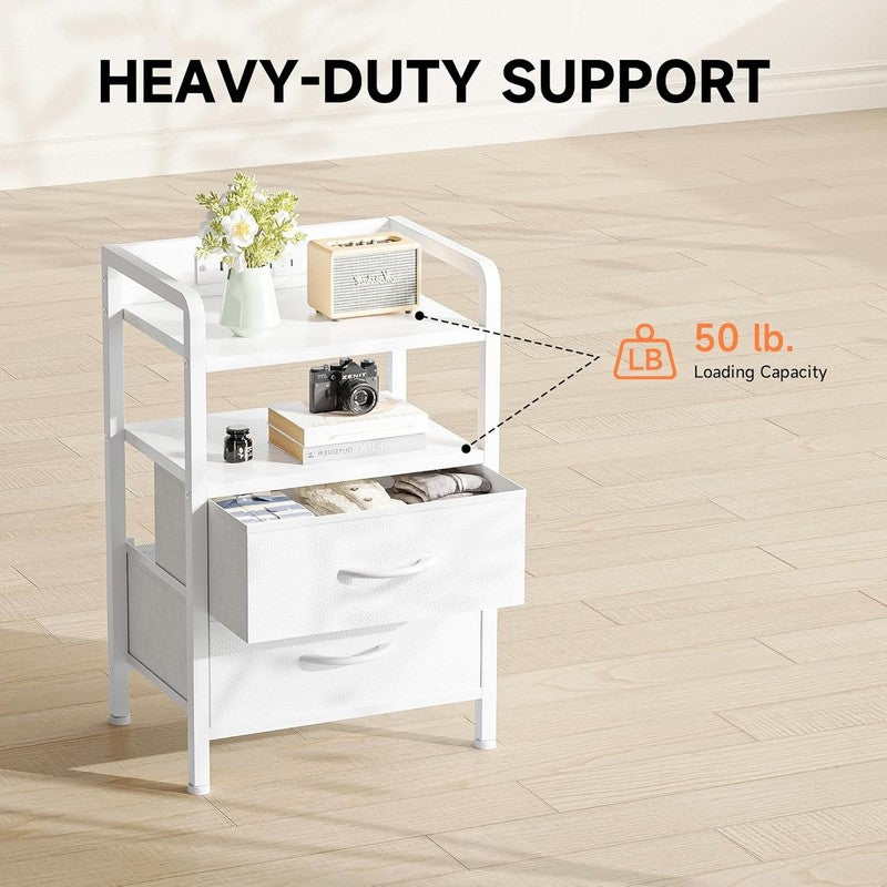 White Nightstand w/ Charging Station LED Light 2 Fabric Drawers USB & AC Outlets6