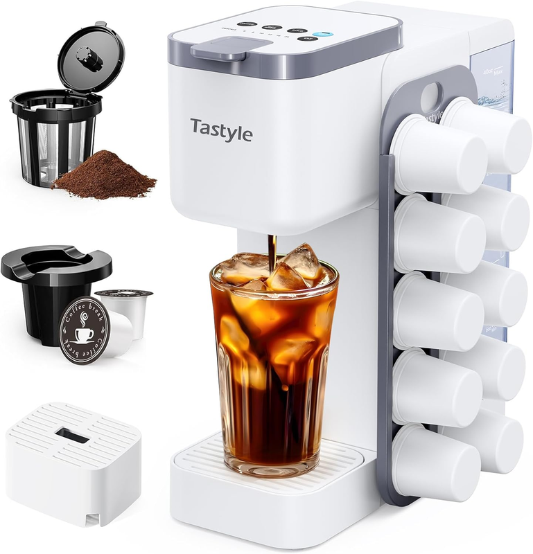 Hot & Iced Coffee Maker K Cup & Grounds w/ Magnetic Pod Holder 40oz White6