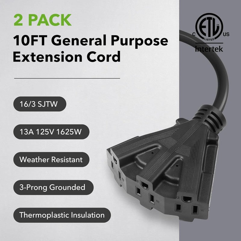 2 Pack 10FT Outdoor Extension Cord 3 Outlet 16/3 13A Black SJTW3