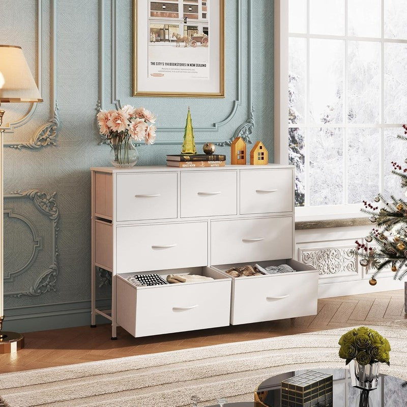 7 Drawer Dresser TV Stand White Fabric Storage Chest Wood Top Steel Frame1
