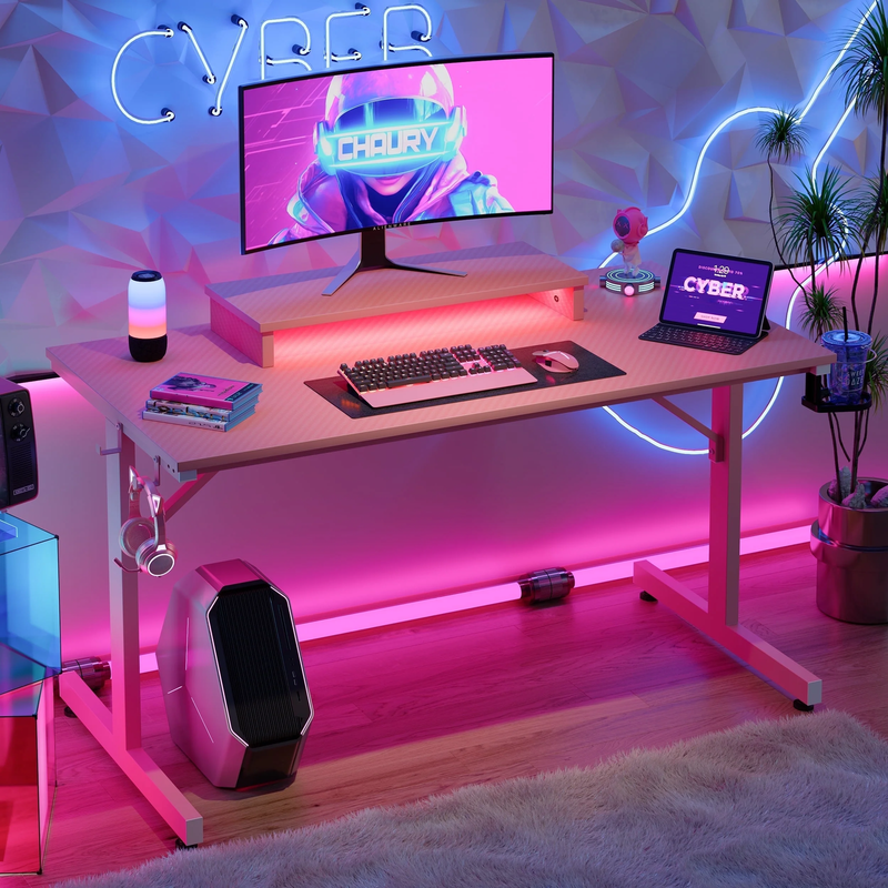 42" LED Gaming Desk PC Computer Table w/ Monitor Stand Pink10