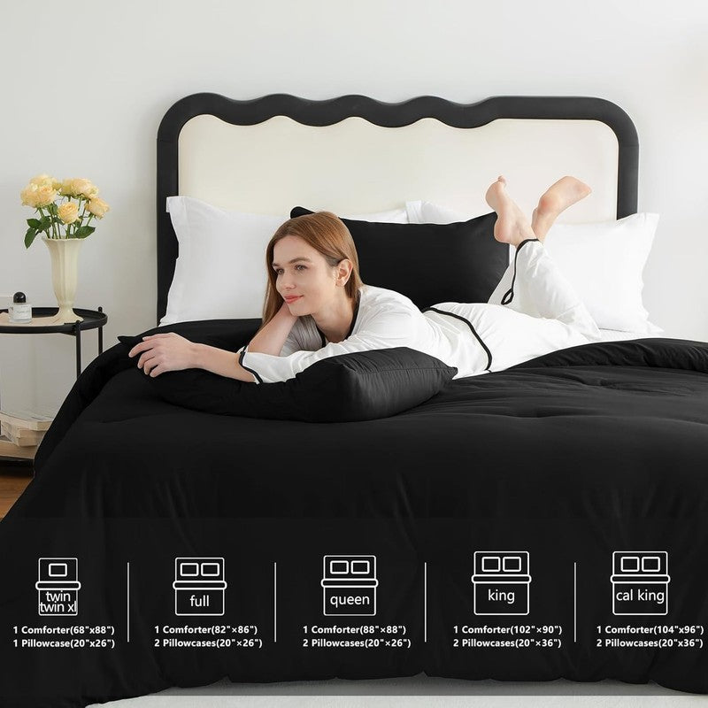 Queen Comforter Set Black, 3 Pieces Solid Queen Comforter Breathable Quilted Sty5