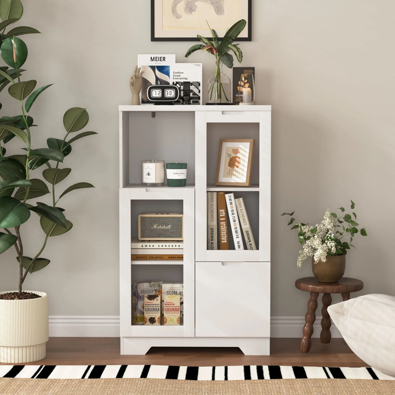 Storage Cabinet with Glass Doors and Drawer, Adjustable Shelves, White0