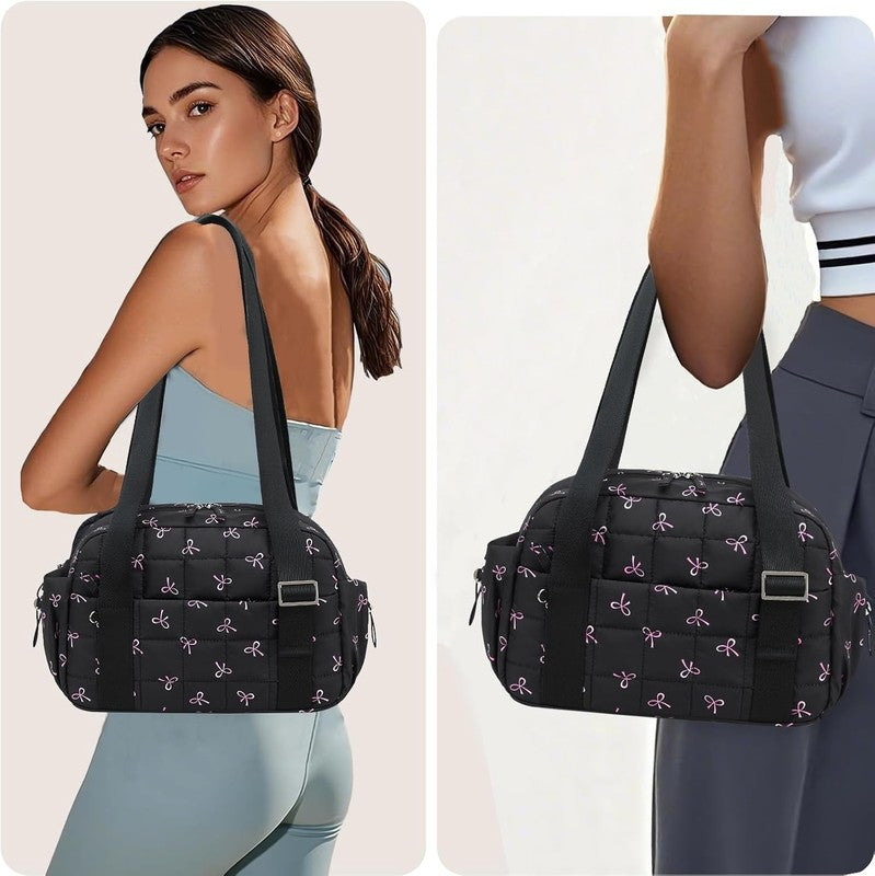 Mini Gym Bag Women Quilted Duffel Wet Compartment Coin Purse Black Pink Bow4