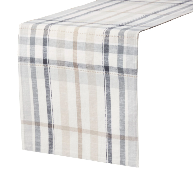 Plaid Fabric Table Runner, Beige, 14"W X 90"L0