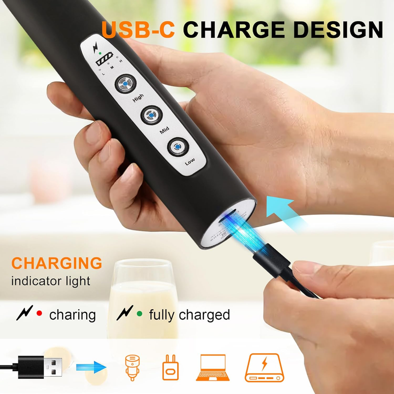 Milk Frother Handheld Black Rechargeable 3 Speed 3 Heads Coffee Whisk1