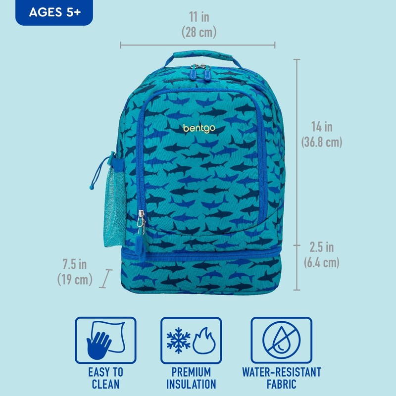 Kids 2 in 1 Backpack Insulated Lunch Bag Set Shark Print Water Resistant School 4