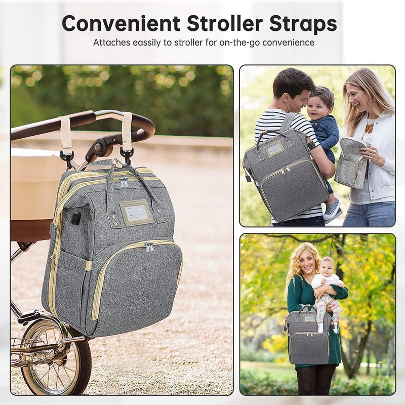 Diaper Bag Backpack w/ Crib, USB, Bottle Pocket, Changing Pad – Gray3