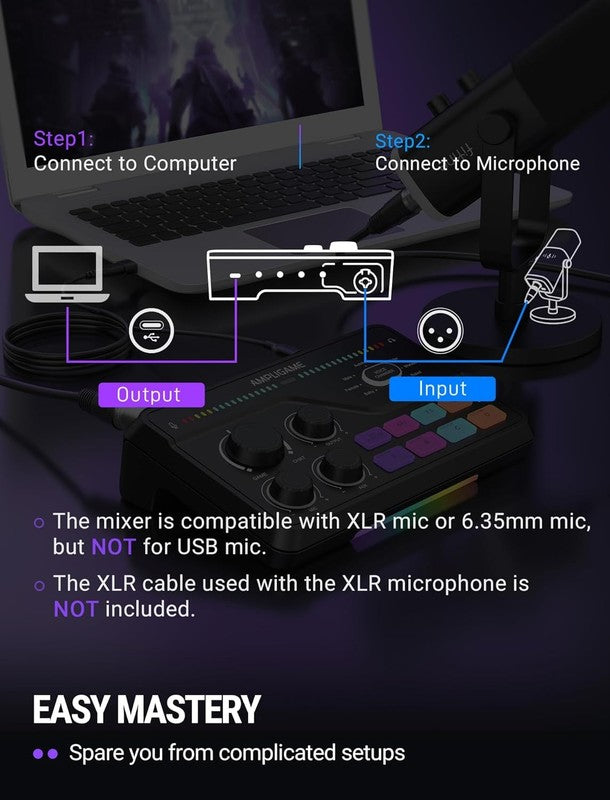 Gaming Mixer SC8 USB XLR Voice Changer RGB 7.1Ch Headphone Amp EQ Volume7