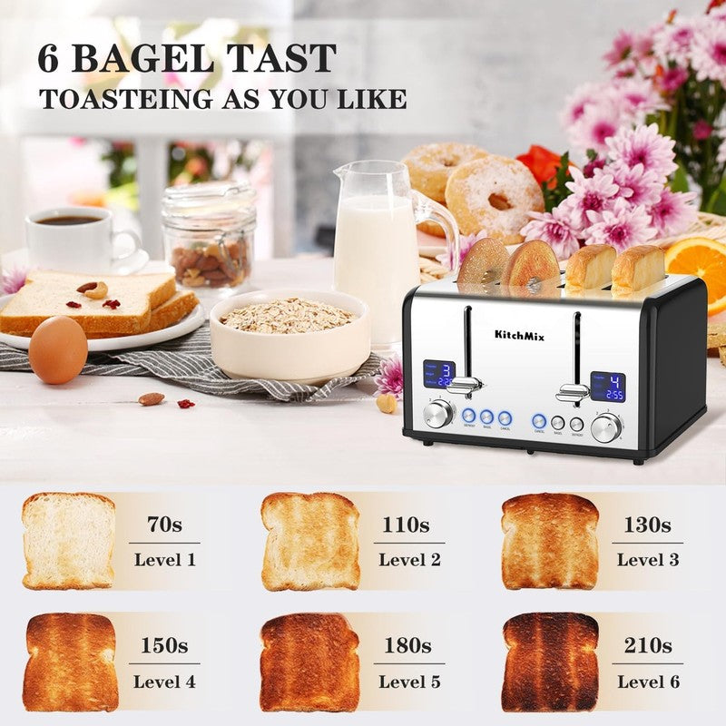 4 Slice Toaster Black - Stainless Steel, LCD Timer, Wide Slots, Dual Display2
