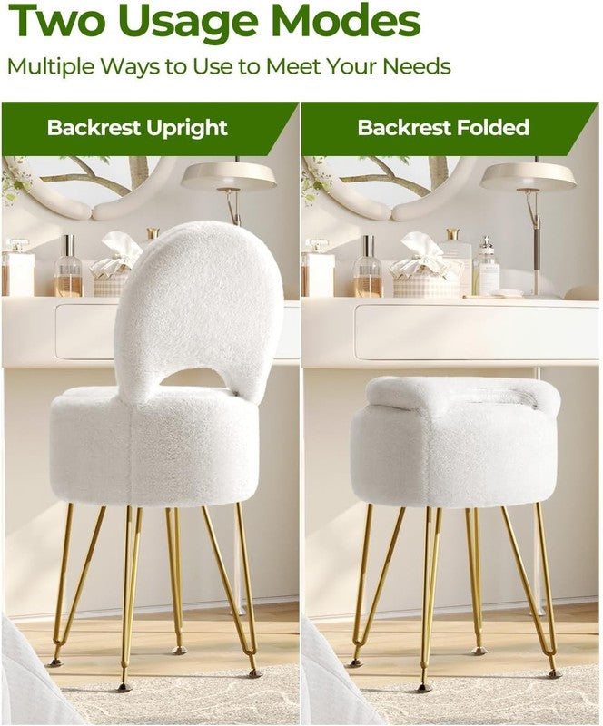 Faux Fur Vanity Stool Chair w/Storage Folding Back Ottoman White4