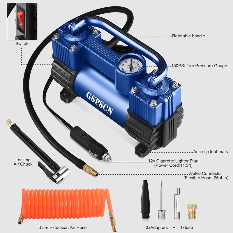 Blue Heavy Duty Tire Inflator 150PSI | 12V Metal Air Pump w/Bag & Adapter8