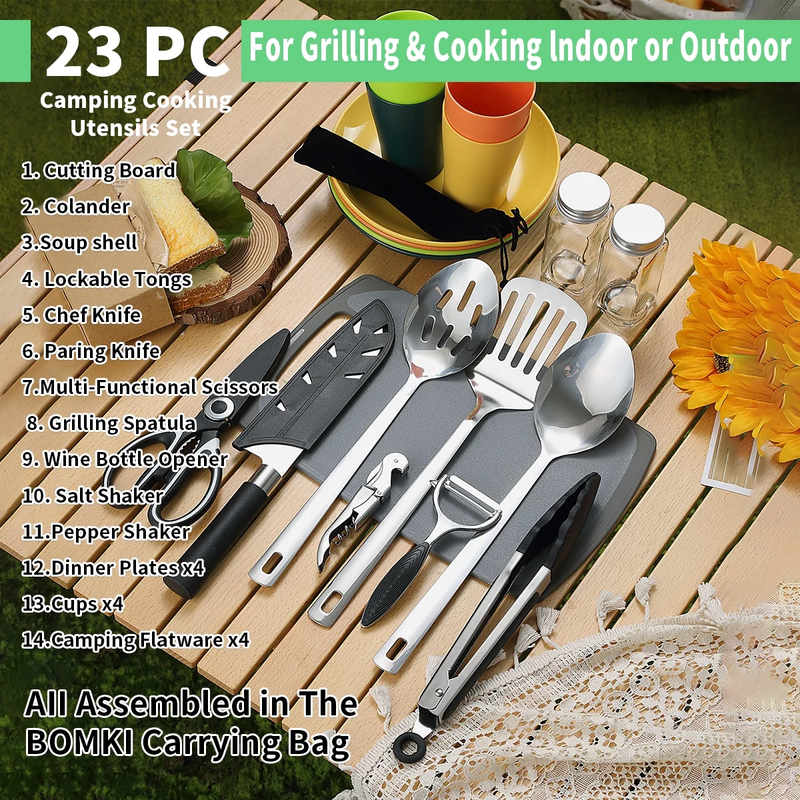 Camping Cooking Utensils Set Stainless Steel Silverware Plates Cups Outdoor2