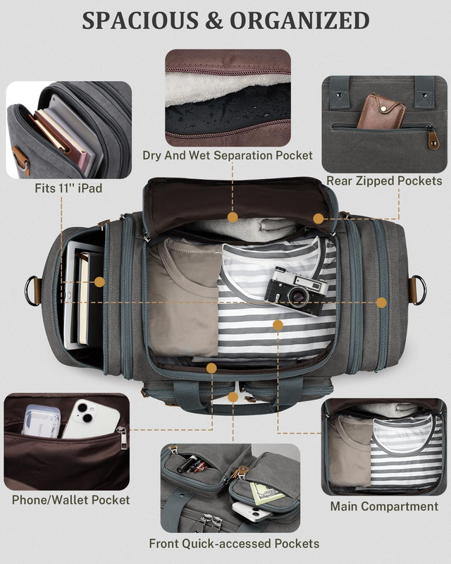 Canvas Duffle Bag for Travel, Expandable Water Resistant 50L Carry on Duffel Ove4