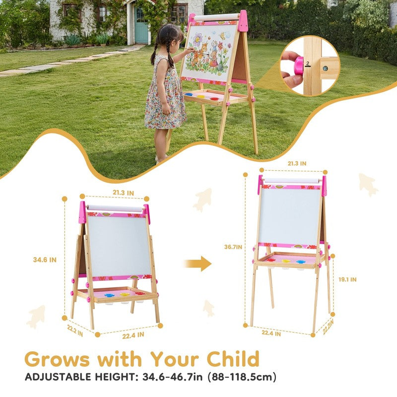 Kids Easel, Double-Sided Magnet Whiteboard & Chalkboard with Paper Roll, Storage4