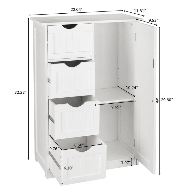 Bathroom Floor Cabinet with Door and 4 Drawers, Freestanding Storage Cabinet for4