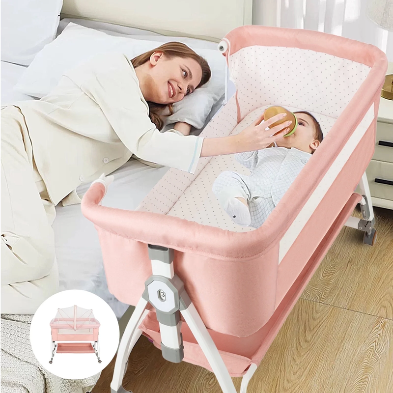 4 in 1 Baby Bassinet Pink Bedside Crib w/ Storage, Wheels & Changing Table0