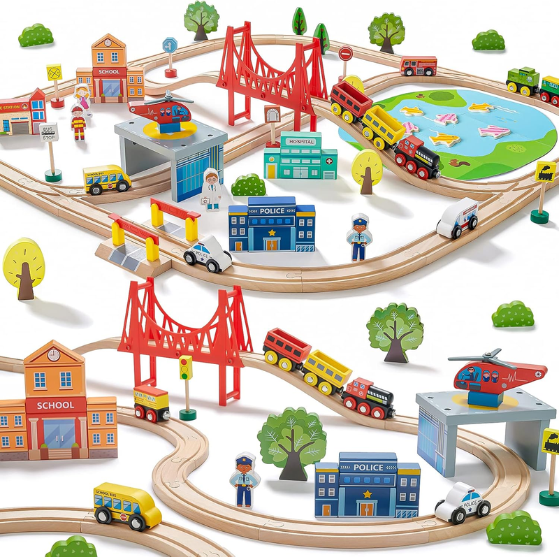110 Pc Wooden Train Set w/ Tracks Railway Toy for Kids Ages 3 7 Compatible8