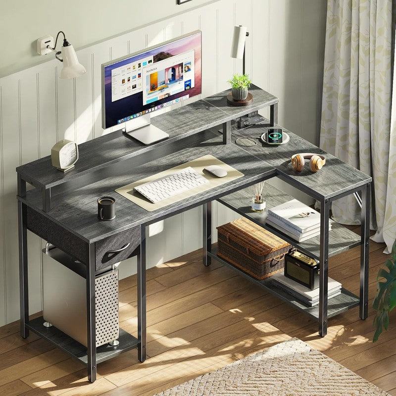47'' Reversible L Shaped Desk LED Lights Power Outlets Gaming Grey8