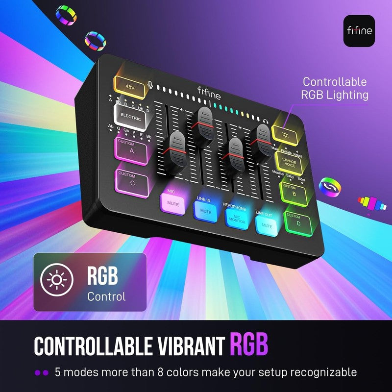 Gaming Audio Mixer RGB PC Mixer w/ XLR Mic Phantom Power Mute SC35