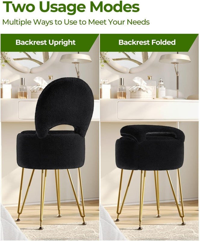 Faux Fur Vanity Stool Chair w/Storage Folding Back Ottoman Black4
