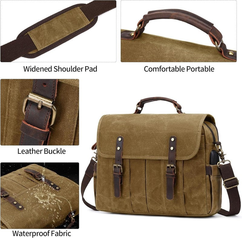 Men's 15.6" Vintage Canvas Leather Laptop Messenger Bag Khaki Satchel6