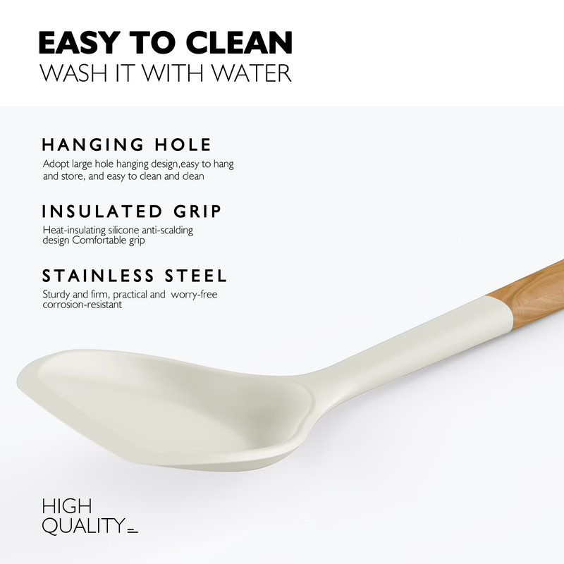 Large Silicone Kitchen Utensil Set Wooden Handle Heat Resistant Warm White5