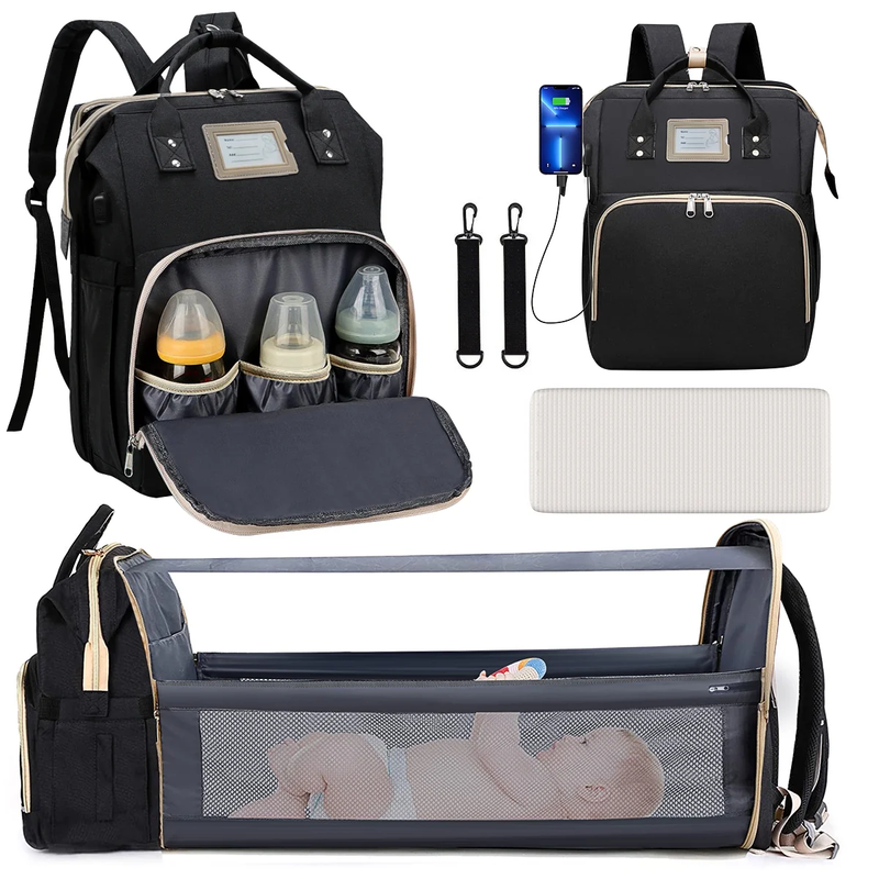 Diaper Bag Backpack w/ Crib, USB, Bottle Holder, Changing Pad – Black0