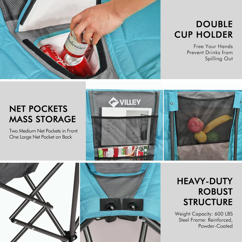 Extra Wide Double Camping Chair w/ Cooler Bag Loveseat Folding 600lb6