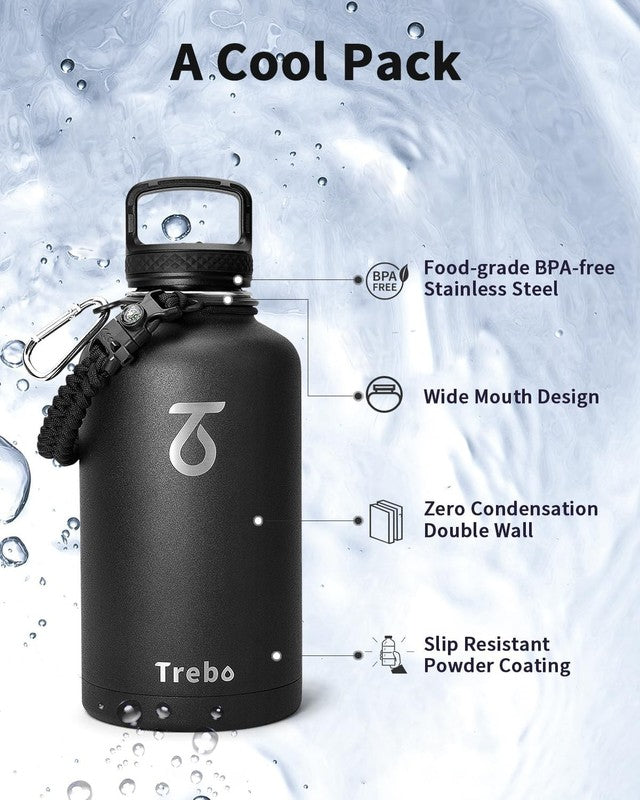 64oz Insulated Water Bottle Black   Triple Wall Vacuum, 3 Lids, Hot & Cold4