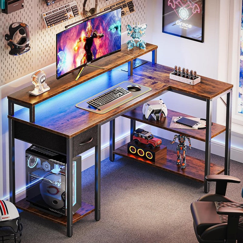 47'' Reversible L Shaped Desk LED Lights Power Outlets Gaming Rustic1