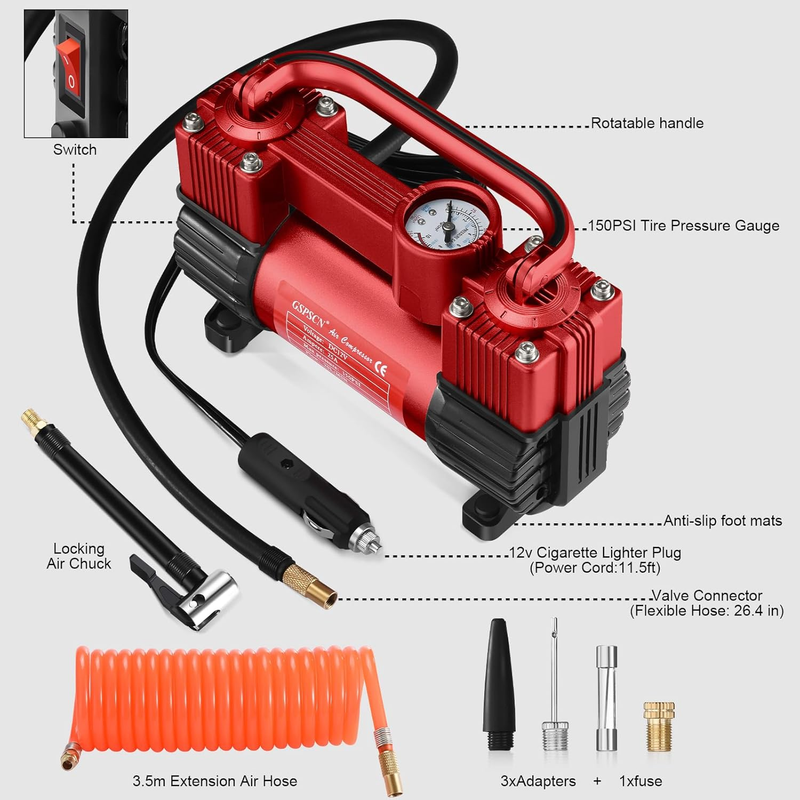 Red Tire Inflator Heavy Duty Double Cylinders, Portable Metal DC 12V Air Compres8
