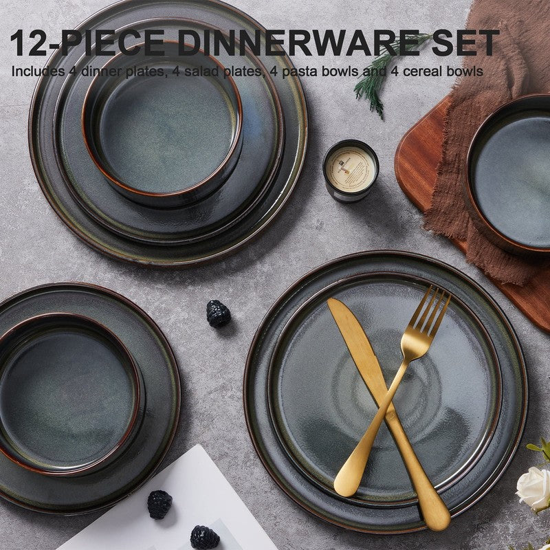 Dinnerware Set for 4, 12 Piece Stoneware Ribbed Dishes with Reactive Glaze, Cera6