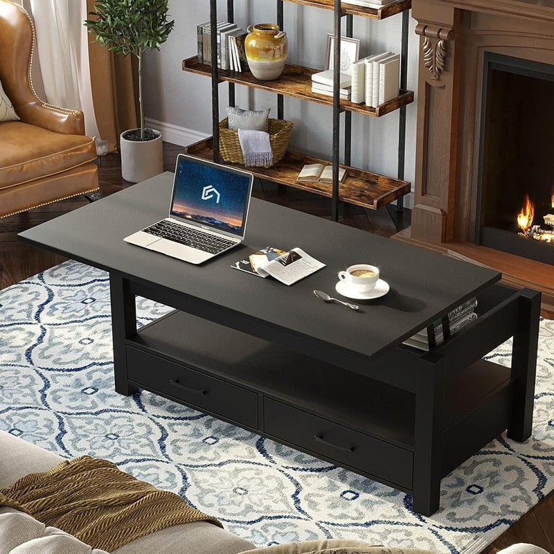 Lift Top Coffee Table w/ Drawers Hidden Compartment Retro Wooden Black1