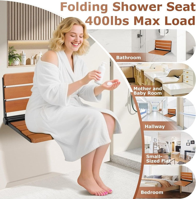 16" Foldable Wall-Mount Shower Seat Bench 400lb Max Small Shower Space1