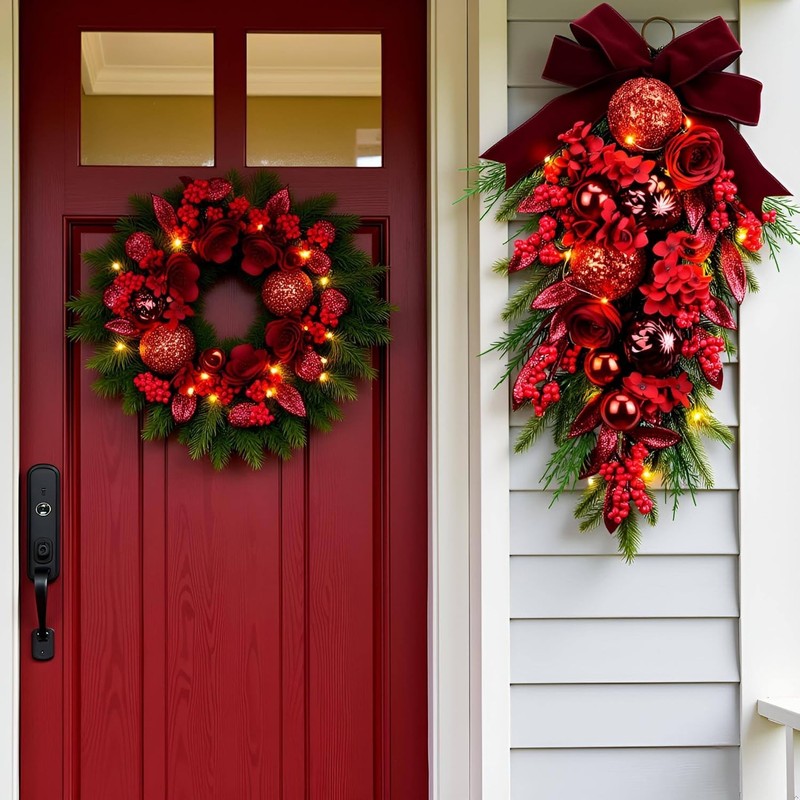 24" Decorative Christmas Teardrop Swag Red Hydrangea Purple Bow Red Berries2