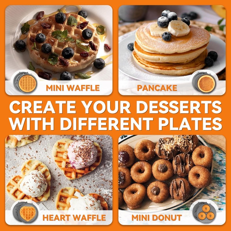 4-in-1 Mini Waffle Maker Pancake Donut Heart Waffles Removable Plates Graphite4