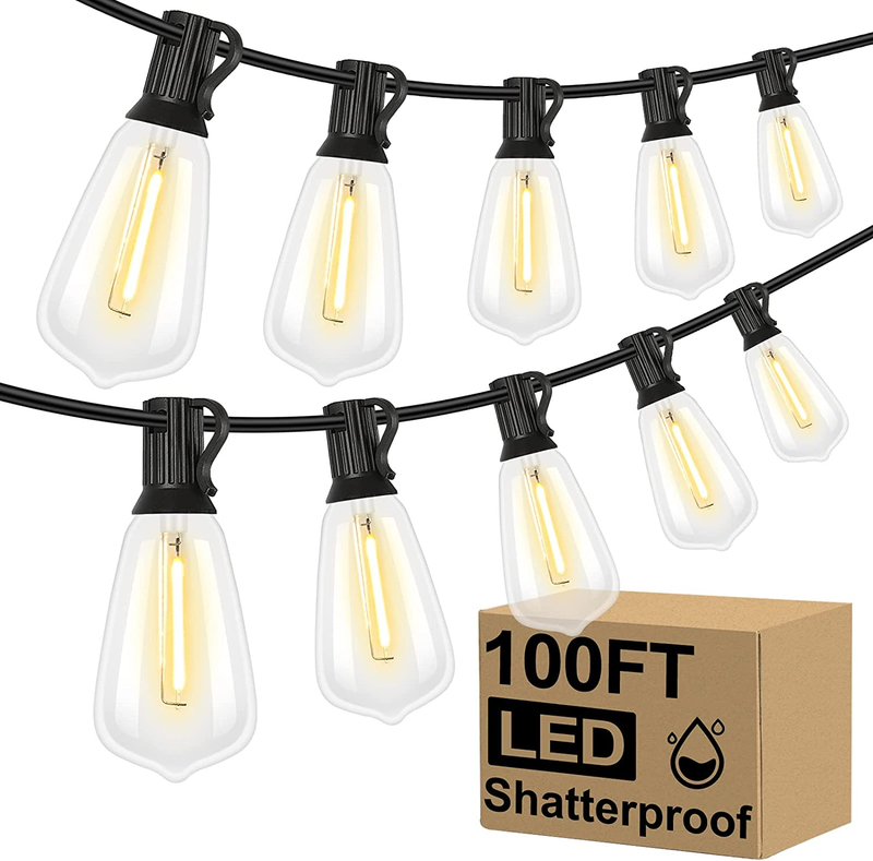 LED Outdoor String Lights 100FT Patio Lights with 52 Shatterproof ST38 Vintage E0