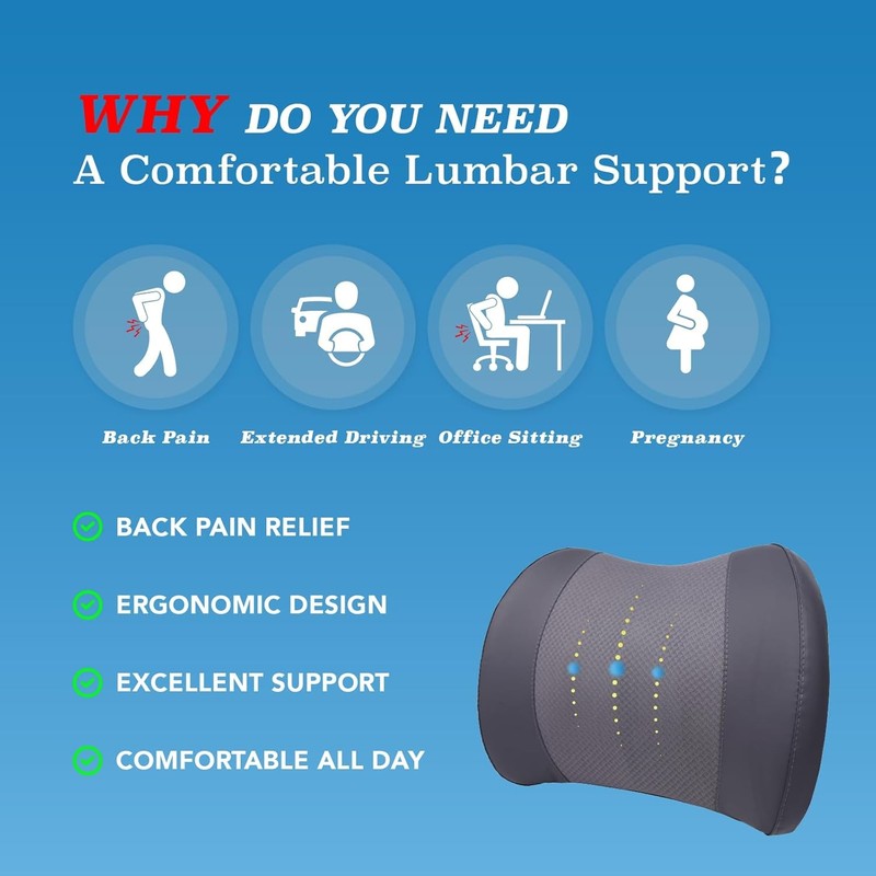 Memory Foam Lumbar Support Pillow for Car & Office   Back Pain Relief Grey2
