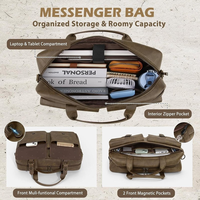 Mens Messenger Bag 16in Leather Laptop Briefcase Vintage Satche Dark Brown2