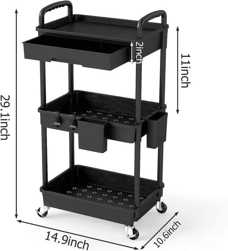 3-Tier Rolling Utility Cart with Drawer & Hooks, Black Storage Organizer1