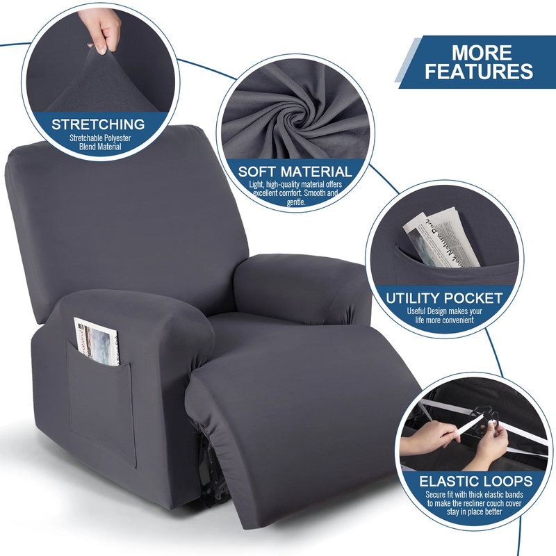 3-Piece Dark Gray Recliner Slipcover Stretch Chair Cover with Pockets2