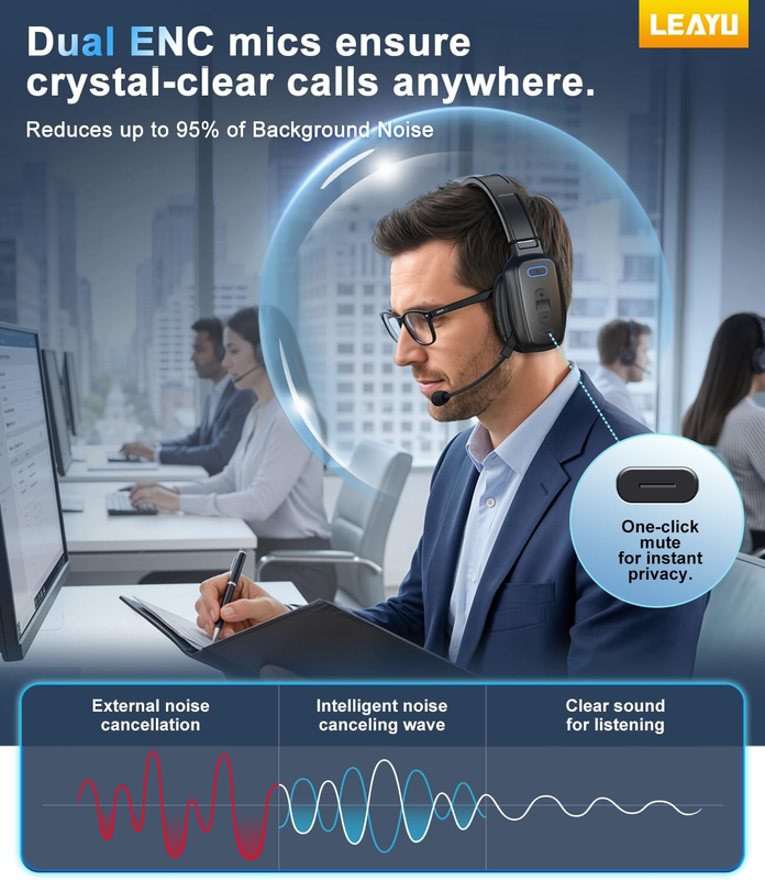 Bluetooth Headset V5.2 Noise Cancelling 60H Single Ear Wireless Mic1