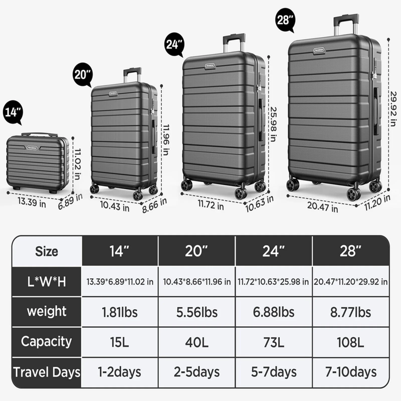 11Pc Hardside Luggage Set TSA Lock Spinner Wheels Carry On Checked Black9