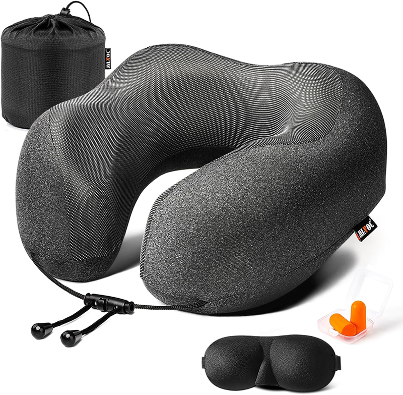 Memory Foam Travel Neck Pillow Kit w/ Eye Mask, Earplugs, Bag – Black9