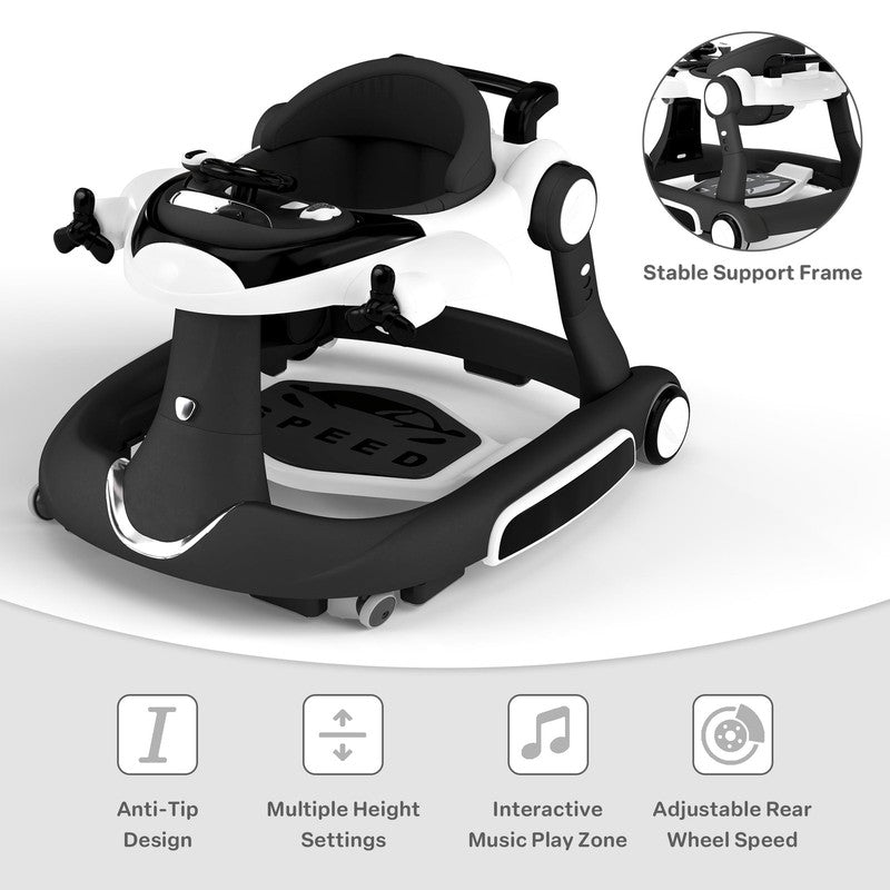 5-In-1 Musical Baby Walker with Wheels, Foldable Baby Walker for Boys Girls, Bla5