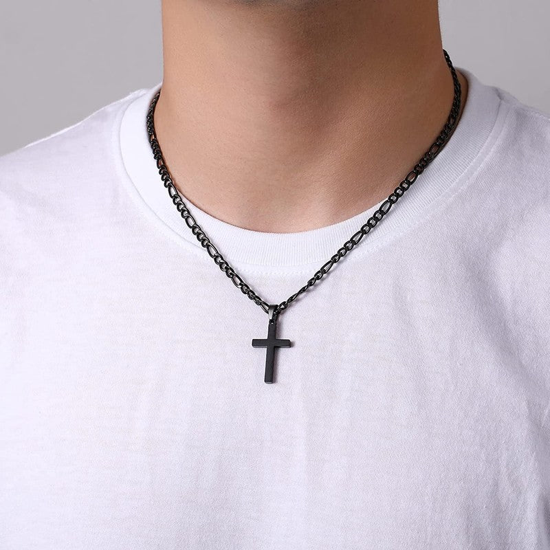 Layered Black Cross Necklaces for Men Cuban Figaro Chain Set Gift for Dad4
